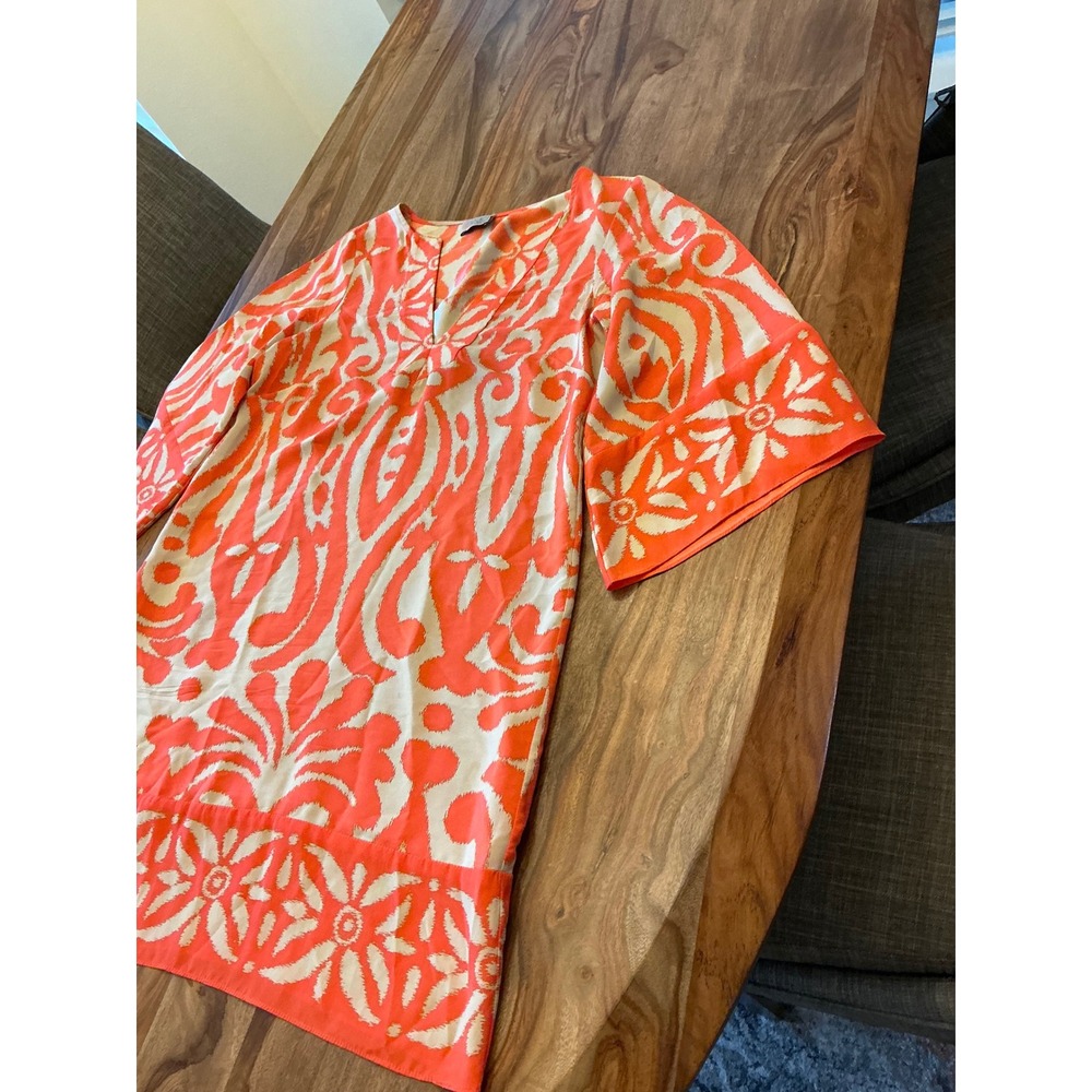 Alice & Trixie Silk Tunic Dress Medium Coral Orange Bell Sleeve Ikat Cover Up - Picture 7 of 15
